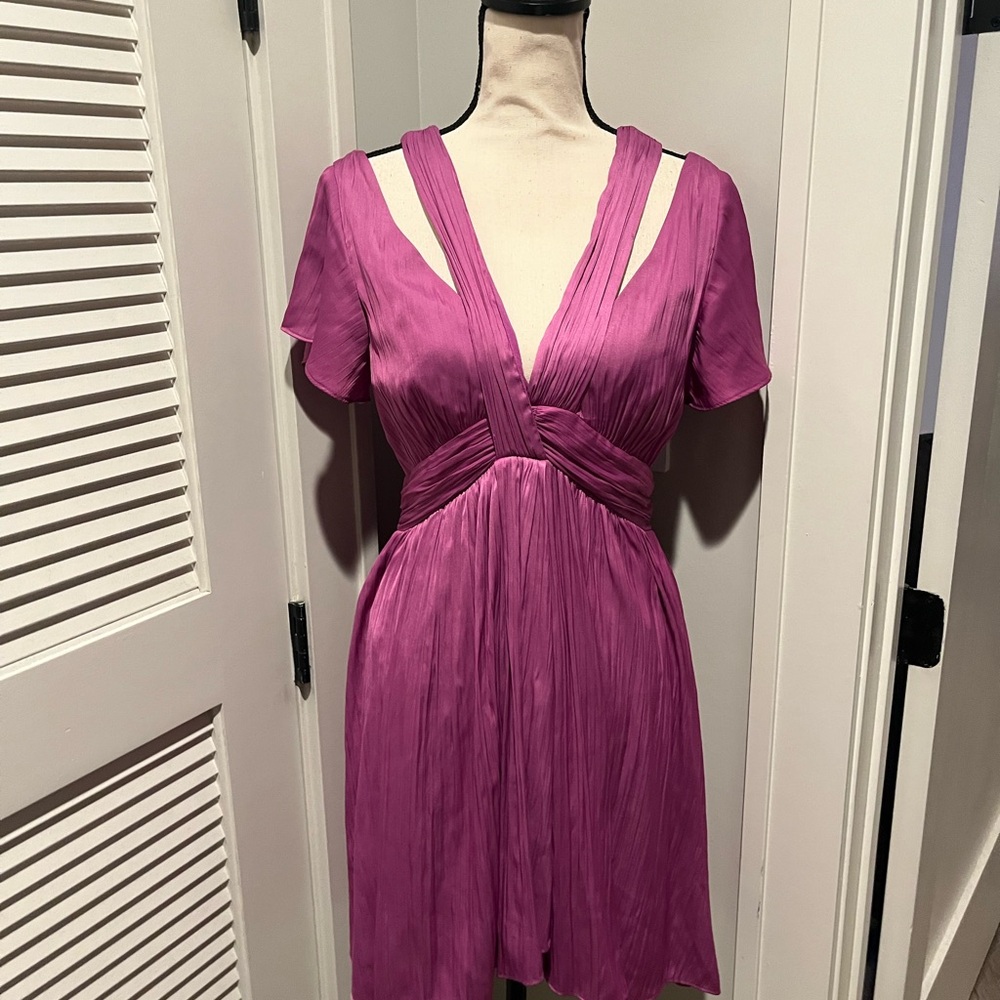 Anthropologie Magenta Pleated V-Neck Mini Dress